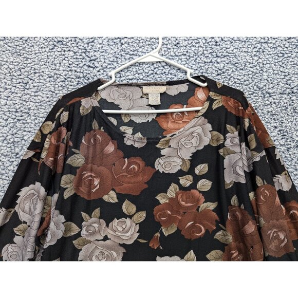 VTG Express Top Size Medium 90s Dark Floral Relaxed Fit Long Sleeve Stretch Blk - Picture 5 of 12